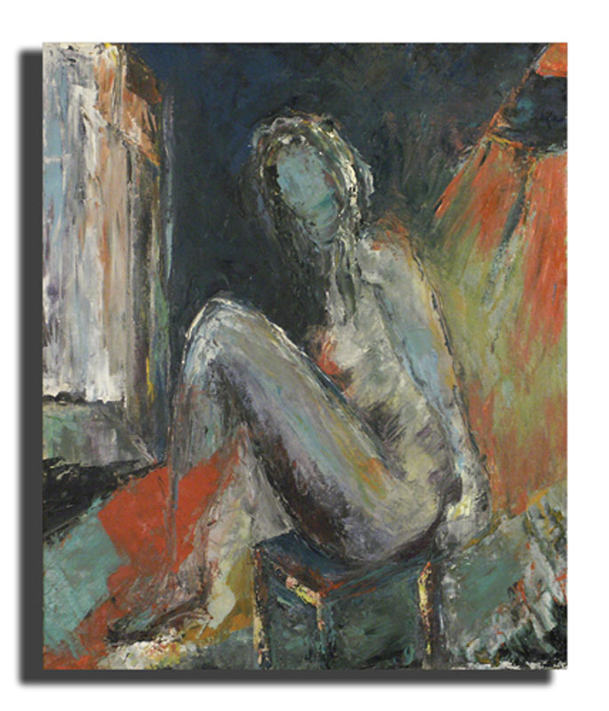 Femme assise bleue Huile sur toile 46 x 54 cm, encadré (Réservé)